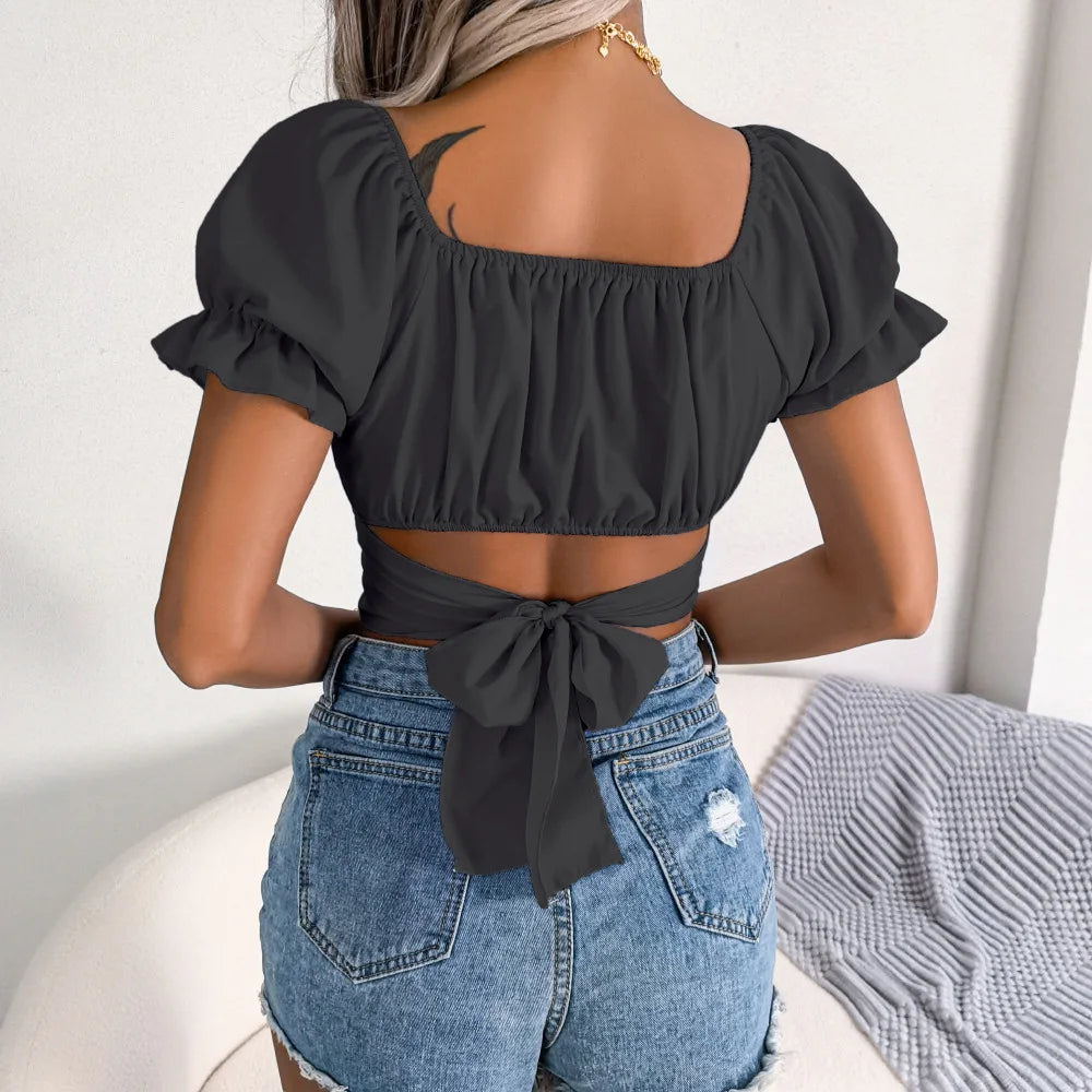 2025 Sommer Damen Crop Top – Einfarbiges T-Shirt mit Quadratkragen und Puffärmeln – Kurze Ärmel Tops für Frauen