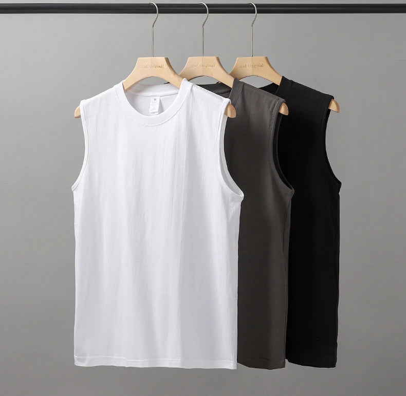 2pcs Solid Color Cotton Vest Men's White O-Neck Loose Sleeveless T-shirt Basic Models All-match Sports Running Tank Tops
