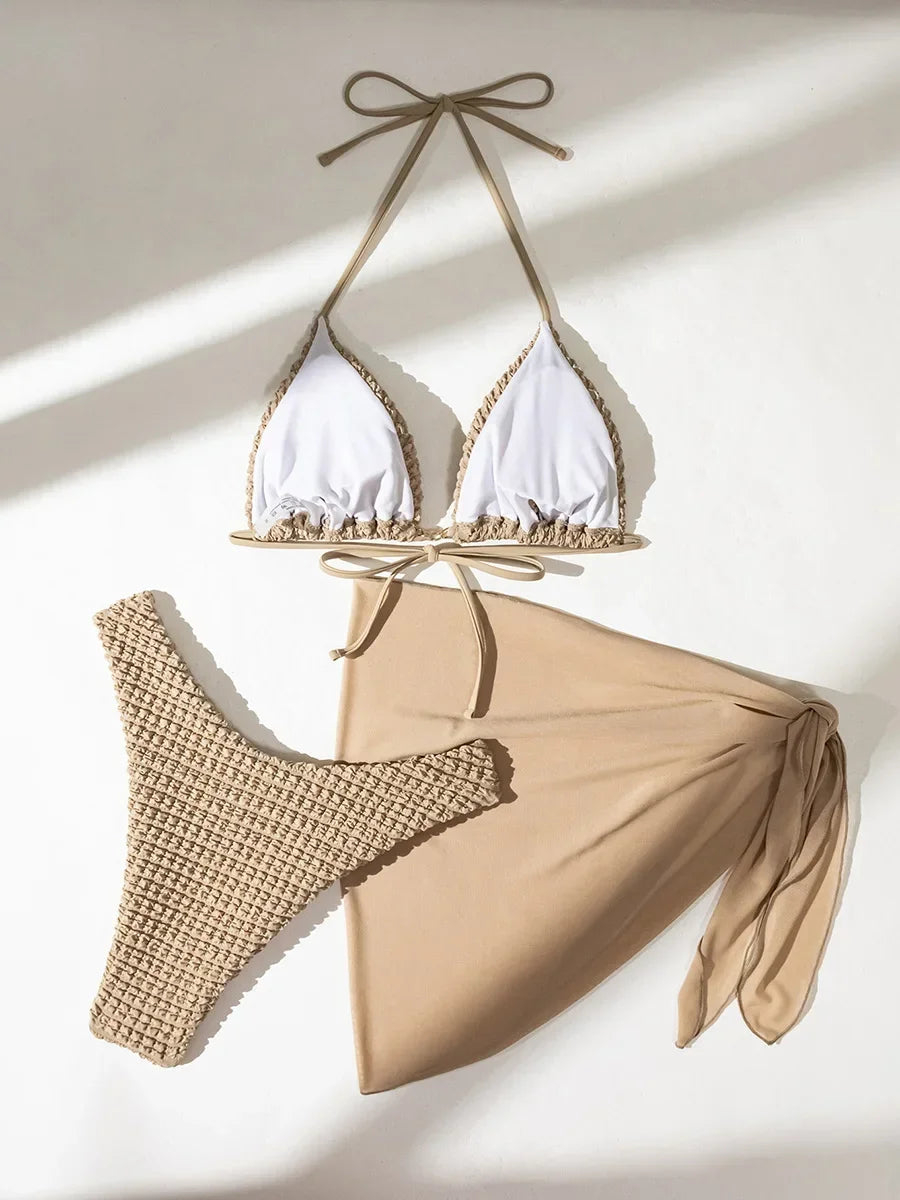 3-teiliges Mesh Sarong und Wickel-Halter Bikini Set für Frauen – Badeanzug, Schwimmbekleidung, 3-teiliges Bikiniset für den Strand