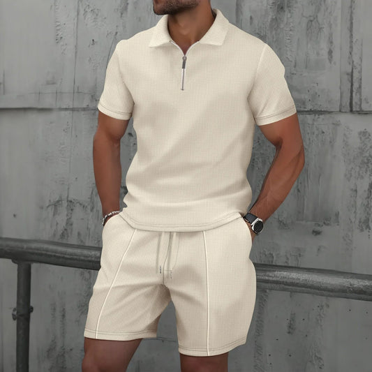 2025 Herren Sommer Anzug-Set aus Waffelstoff – Einfarbiger Reißverschluss-Kragen Kurzarm Anzug mit Shorts – Zwei-Teile Set