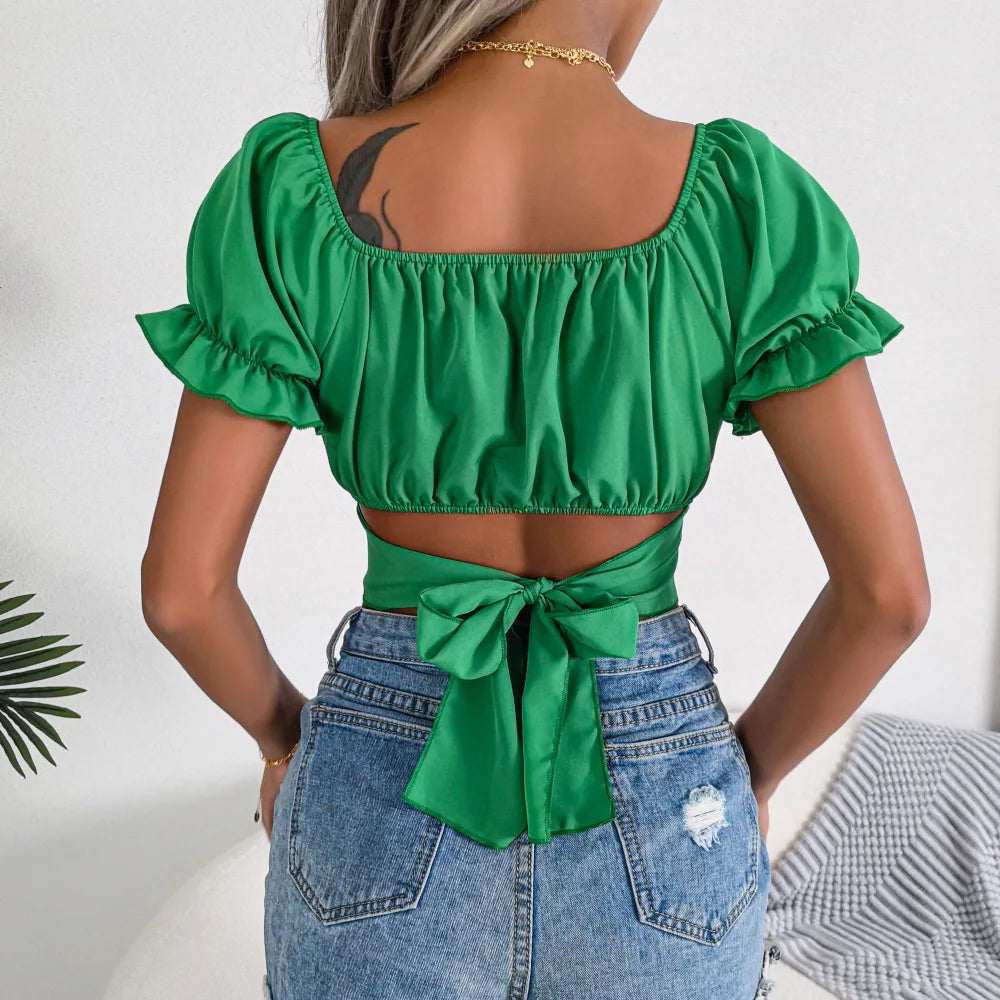 2025 Sommer Damen Crop Top – Einfarbiges T-Shirt mit Quadratkragen und Puffärmeln – Kurze Ärmel Tops für Frauen