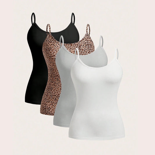 4-teiliges Damen Camisole Set – Einfarbige Trägertops, Sexy, Basic, Ärmellos für den Sommer – Cape Mask