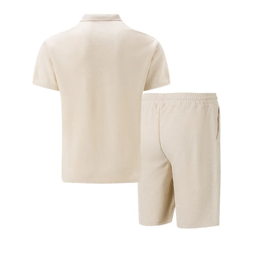 2025 Herren Sommer Anzug-Set aus Waffelstoff – Einfarbiger Reißverschluss-Kragen Kurzarm Anzug mit Shorts – Zwei-Teile Set