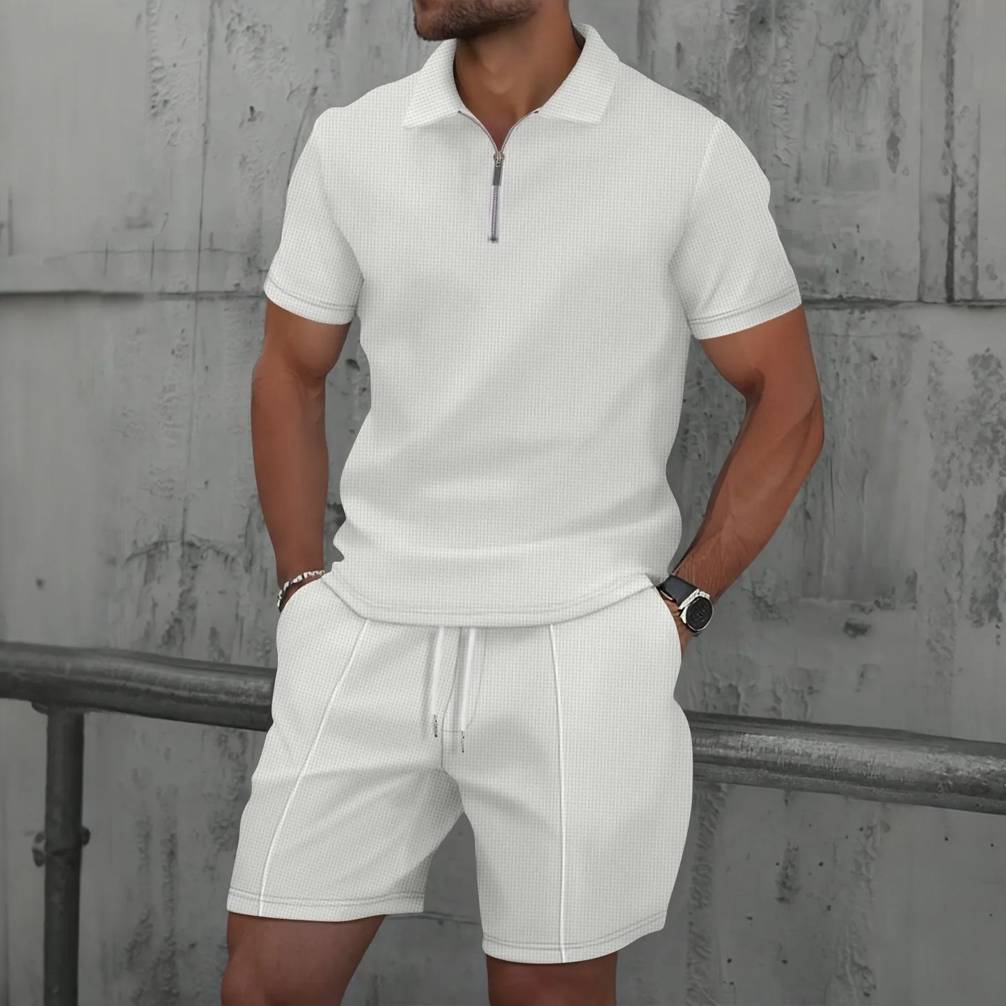 2025 Herren Sommer Anzug-Set aus Waffelstoff – Einfarbiger Reißverschluss-Kragen Kurzarm Anzug mit Shorts – Zwei-Teile Set